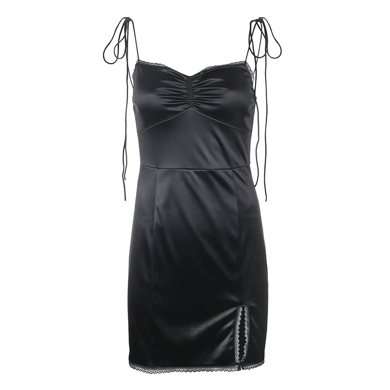 Strappy Satin Ruched Black Mini Lace Spliced Side Split Sundress Backless Dresse The Clothing Company Sydney