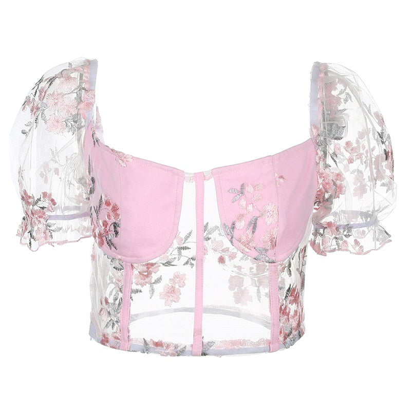 Square Neck Pink Mesh Embroidery Transparent Cropped Bustier Top Summer Shirt Puff Sleeve Blouse The Clothing Company Sydney
