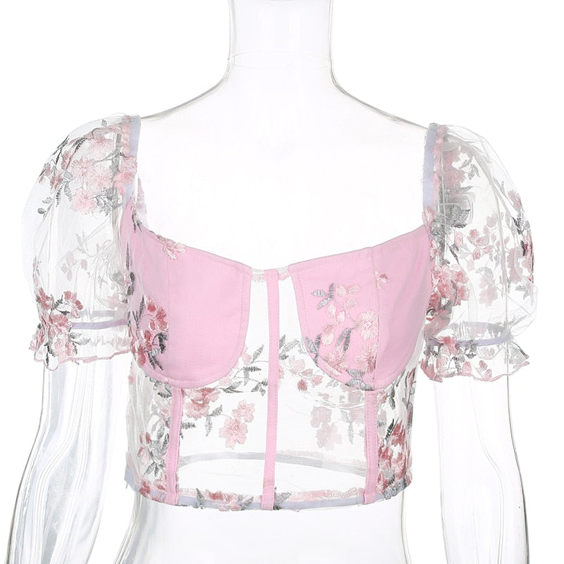 Square Neck Pink Mesh Embroidery Transparent Cropped Bustier Top Summer Shirt Puff Sleeve Blouse The Clothing Company Sydney