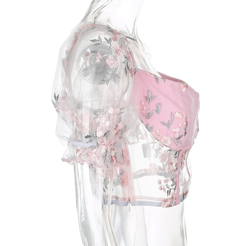 Square Neck Pink Mesh Embroidery Transparent Cropped Bustier Top Summer Shirt Puff Sleeve Blouse The Clothing Company Sydney