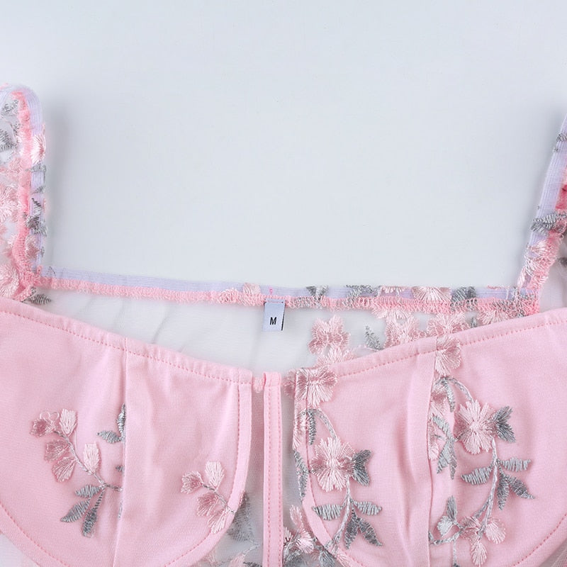Square Neck Pink Mesh Embroidery Transparent Cropped Bustier Top Summer Shirt Puff Sleeve Blouse The Clothing Company Sydney