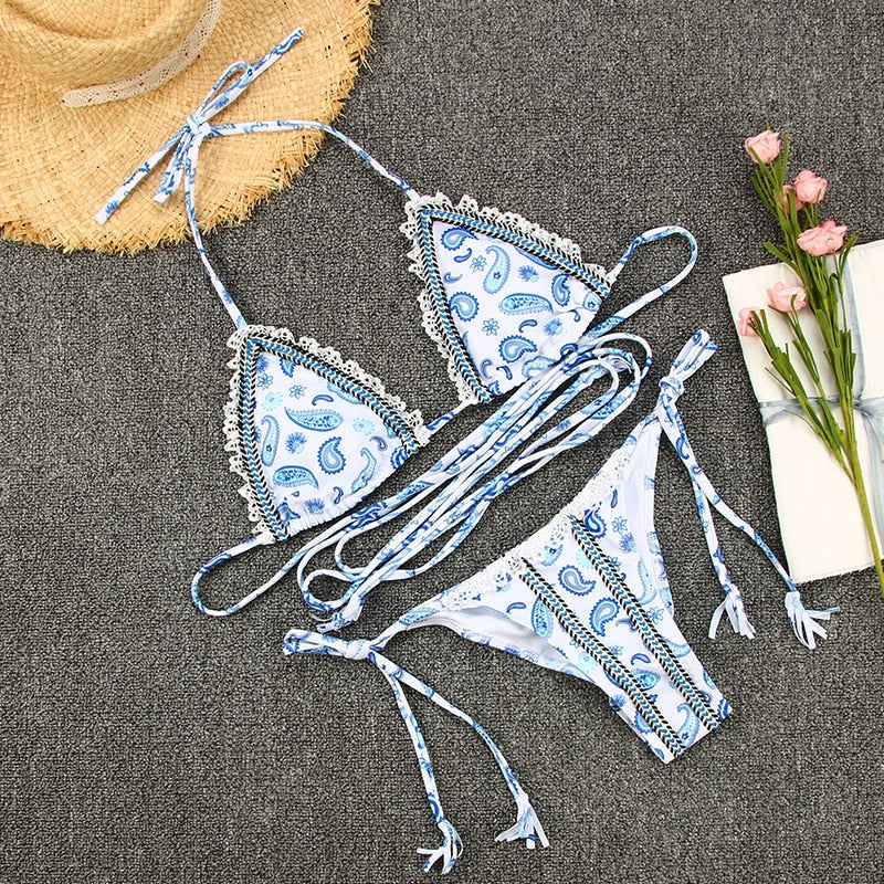 2 Piece Micro print swimsuit female triangle swimwear women bathers Tie up bathing suit Beachwear Bikini Set The Clothing Company Sydney