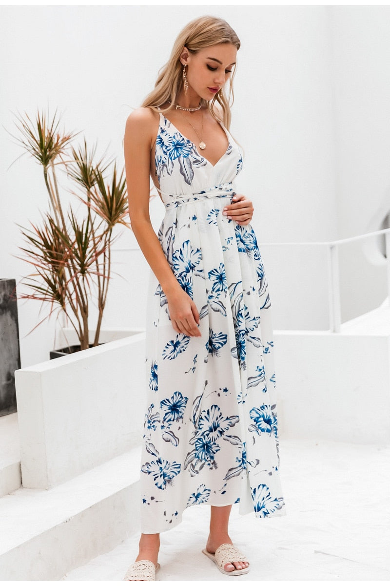 Chiffon boho beach casual long backless sexy dresses spaghetti strap plus size white floral dress The Clothing Company Sydney