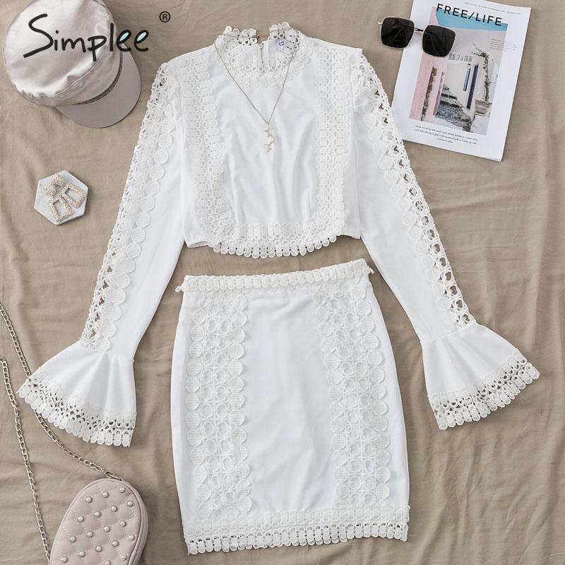 Elegant lace bodycon White 2 piece hollow out autumn dress suit Winter party club short party dresses The Clothing Company Sydney