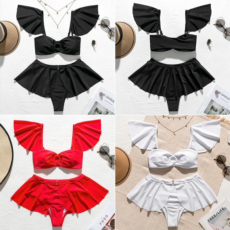 2 Piece High waist Ruffle swimsuit female swimwear women Off shoulder retro bathing suit with skirt Bikini Set The Clothing Company Sydney