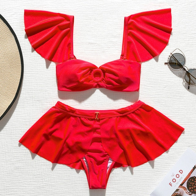 2 Piece High waist Ruffle swimsuit female swimwear women Off shoulder retro bathing suit with skirt Bikini Set The Clothing Company Sydney