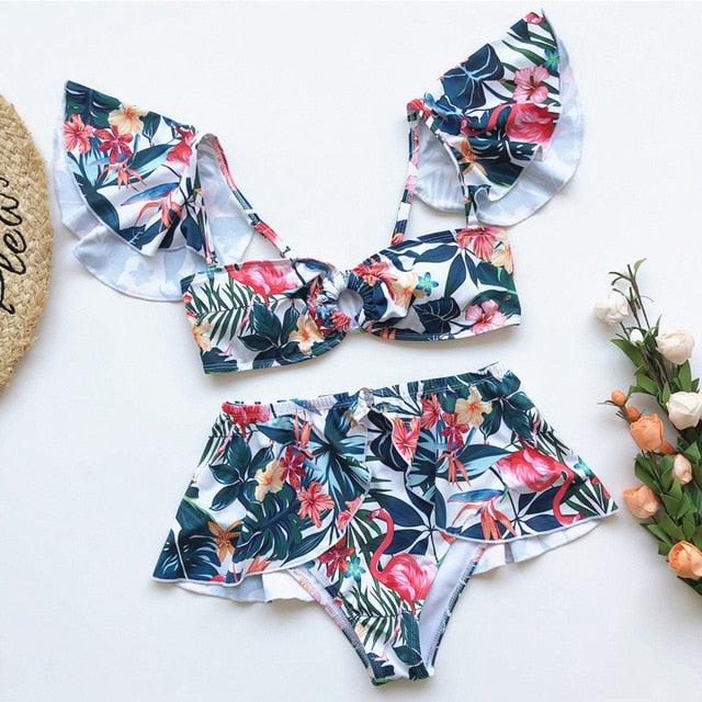 2 Piece High waist Ruffle swimsuit female swimwear women Off shoulder retro bathing suit with skirt Bikini Set The Clothing Company Sydney