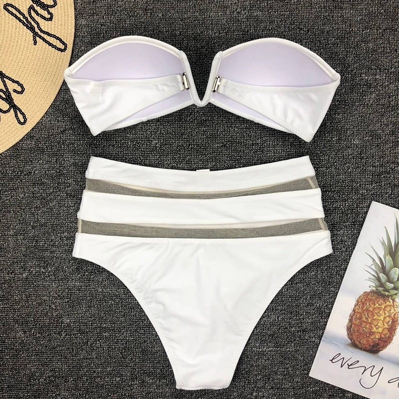 2 Piece High Waist Bikini Women Mesh Swimsuit Push Up Swimwear Off Shoulder Bikini Set Solid Bathing Suit Summer Beachwear The Clothing Company Sydney