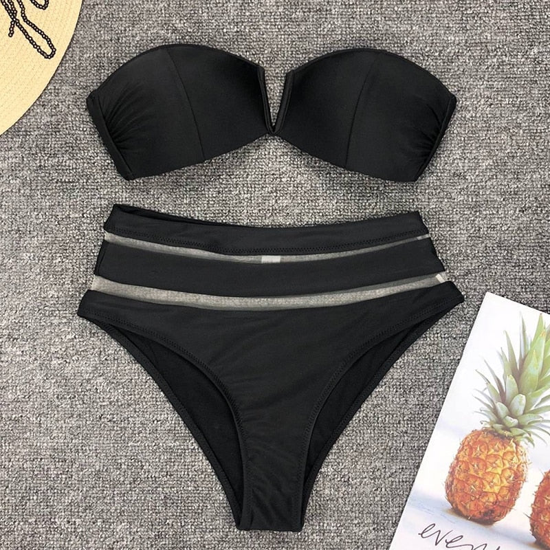 2 Piece High Waist Bikini Women Mesh Swimsuit Push Up Swimwear Off Shoulder Bikini Set Solid Bathing Suit Summer Beachwear The Clothing Company Sydney