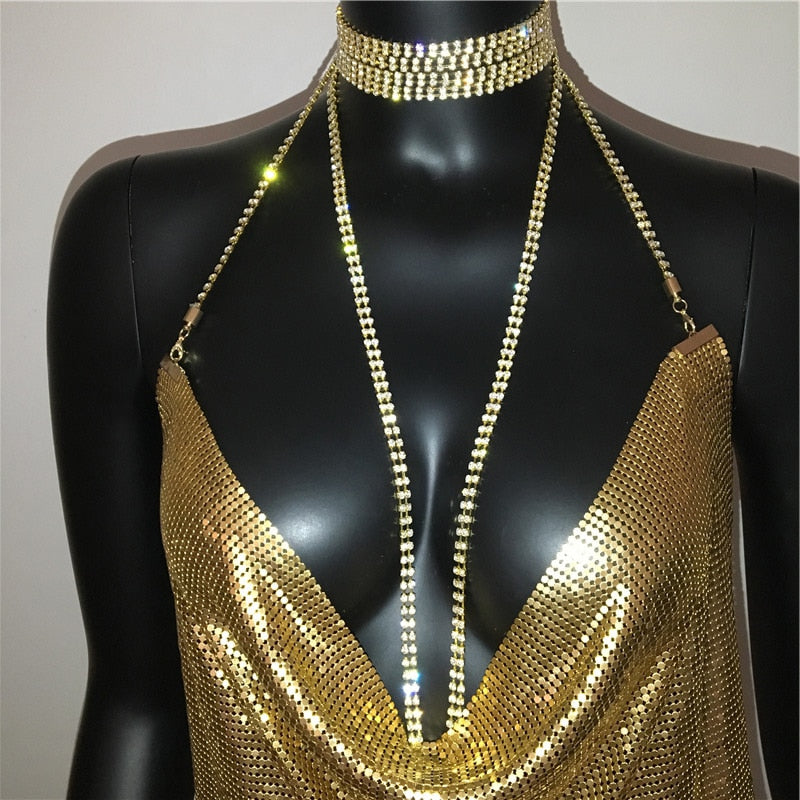 Deep v neck halter split sequined dress women solid backless rhinestone chain party metal dress The Clothing Company Sydney