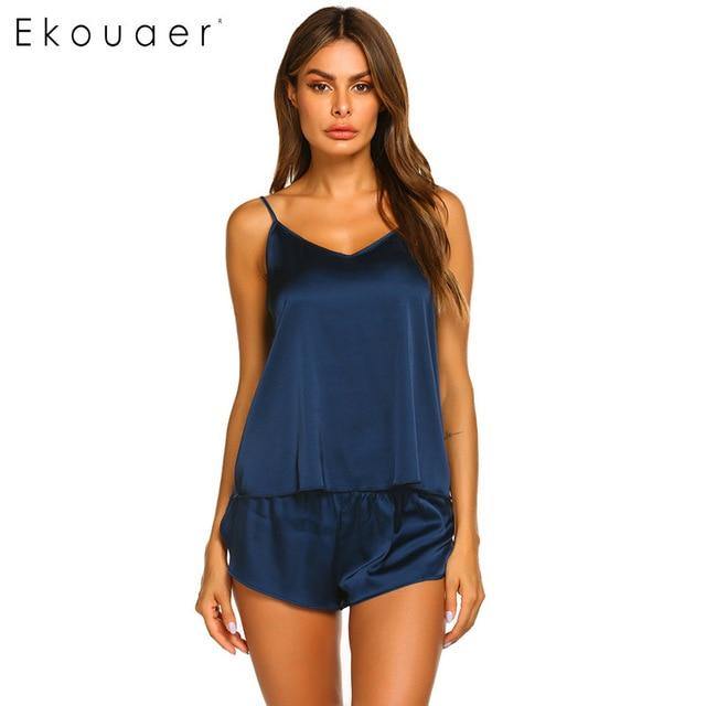 Summer Sleepwear Pyjamas Set Solid Adjustable Strap Cami Top Shorts Satin Loose Female Nightwear The Clothing Company Sydney