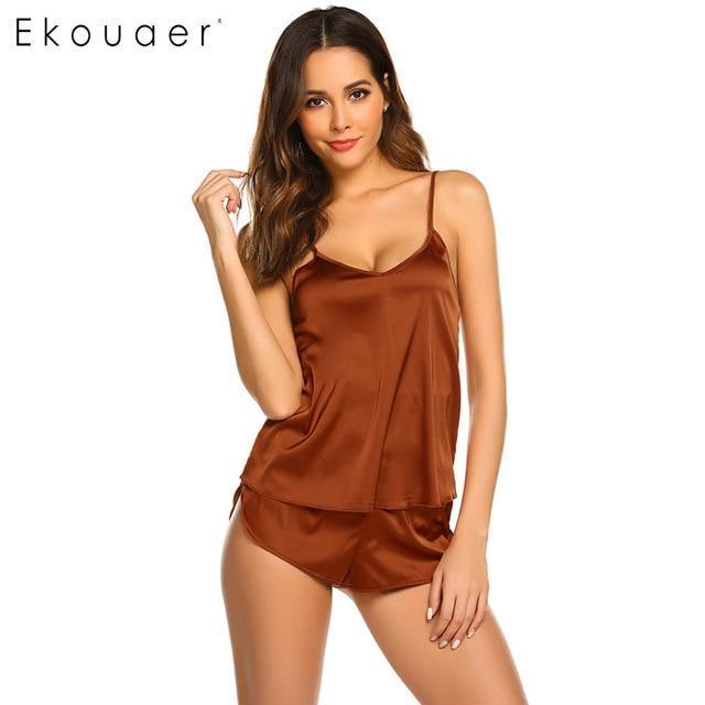 Summer Sleepwear Pyjamas Set Solid Adjustable Strap Cami Top Shorts Satin Loose Female Nightwear The Clothing Company Sydney