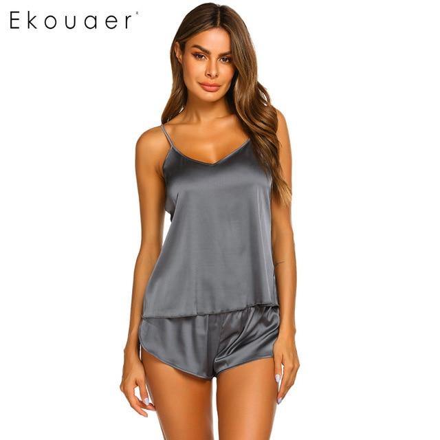 Summer Sleepwear Pyjamas Set Solid Adjustable Strap Cami Top Shorts Satin Loose Female Nightwear The Clothing Company Sydney