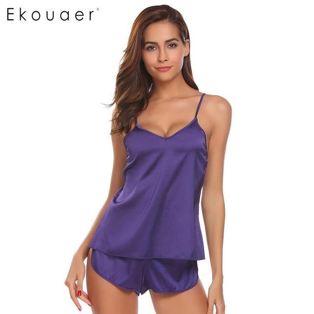Summer Sleepwear Pyjamas Set Solid Adjustable Strap Cami Top Shorts Satin Loose Female Nightwear The Clothing Company Sydney