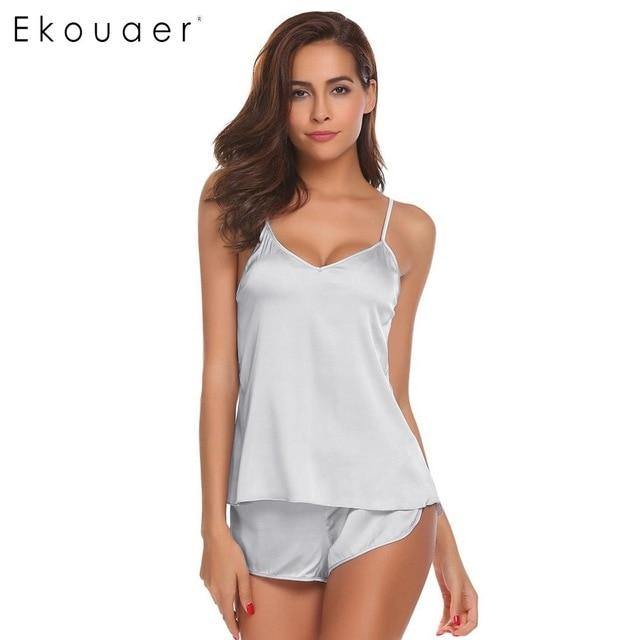 Summer Sleepwear Pyjamas Set Solid Adjustable Strap Cami Top Shorts Satin Loose Female Nightwear The Clothing Company Sydney