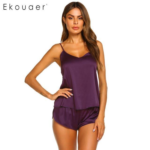 Summer Sleepwear Pyjamas Set Solid Adjustable Strap Cami Top Shorts Satin Loose Female Nightwear The Clothing Company Sydney