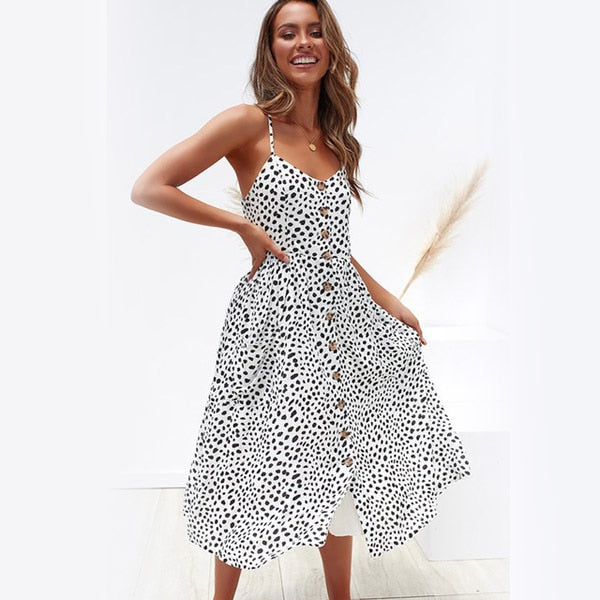 Summer Midi Women's Sling Backless Sleeveless Button Striped Dot Print Solid Beach Dress With Pockets The Clothing Company Sydney