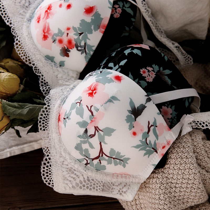 2 Piece Sexy Print Bra Lace Trim Floral Lingerie Push up Underwear Bow Bra and Hollow out Panties Set The Clothing Company Sydney