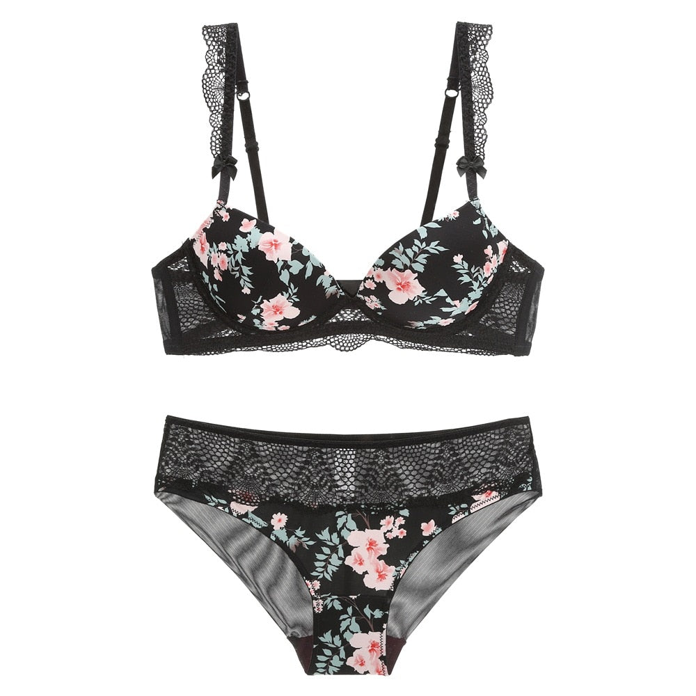 2 Piece Sexy Print Bra Lace Trim Floral Lingerie Push up Underwear Bow Bra and Hollow out Panties Set The Clothing Company Sydney