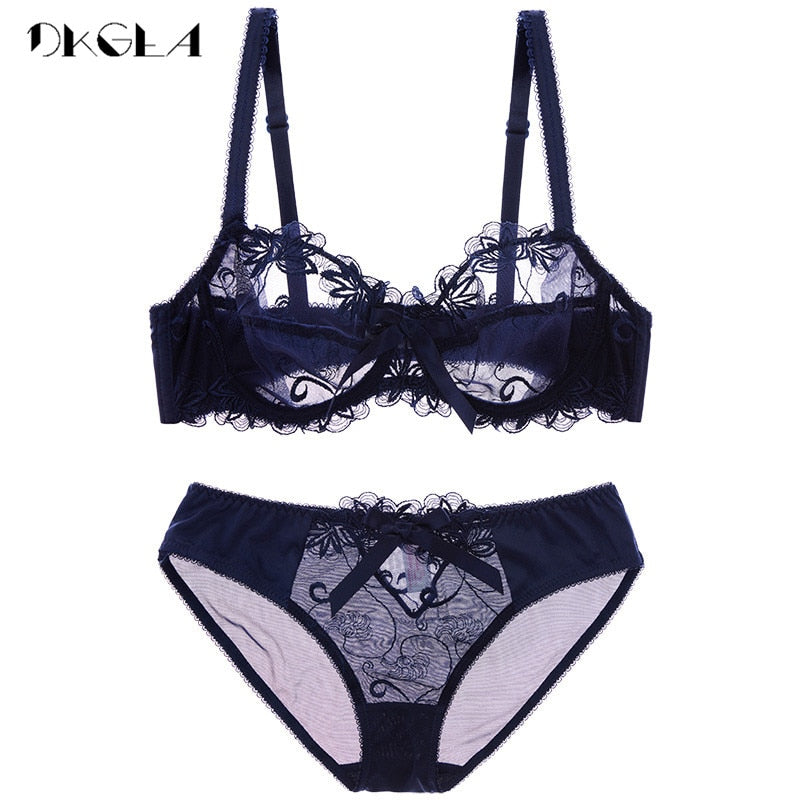 Fashion embroidery bras underwear women set plus size lingerie sexy C D cup Ultrathin transparent bra panties lace bra set The Clothing Company Sydney