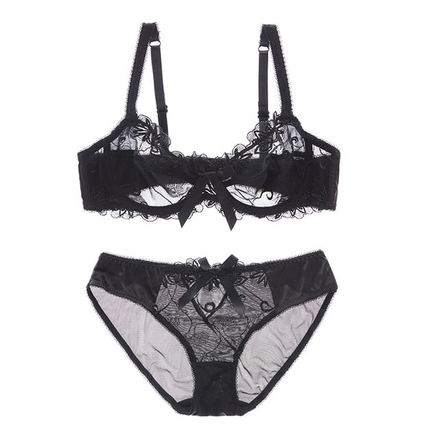 Fashion embroidery bras underwear women set plus size lingerie sexy C D cup Ultrathin transparent bra panties lace bra set The Clothing Company Sydney