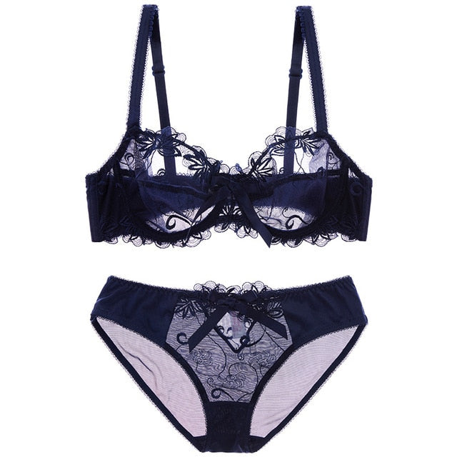 Fashion embroidery bras underwear women set plus size lingerie sexy C D cup Ultrathin transparent bra panties lace bra set The Clothing Company Sydney