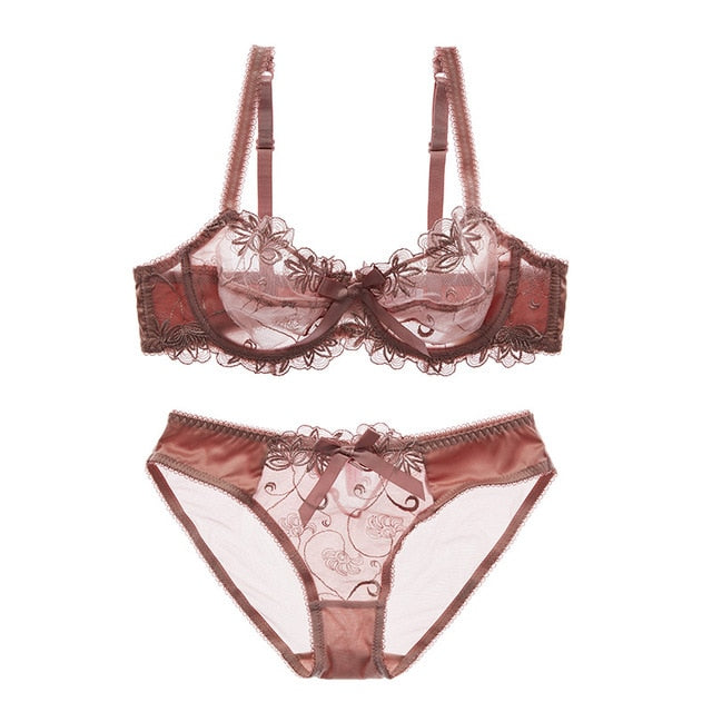 Fashion embroidery bras underwear women set plus size lingerie sexy C D cup Ultrathin transparent bra panties lace bra set The Clothing Company Sydney