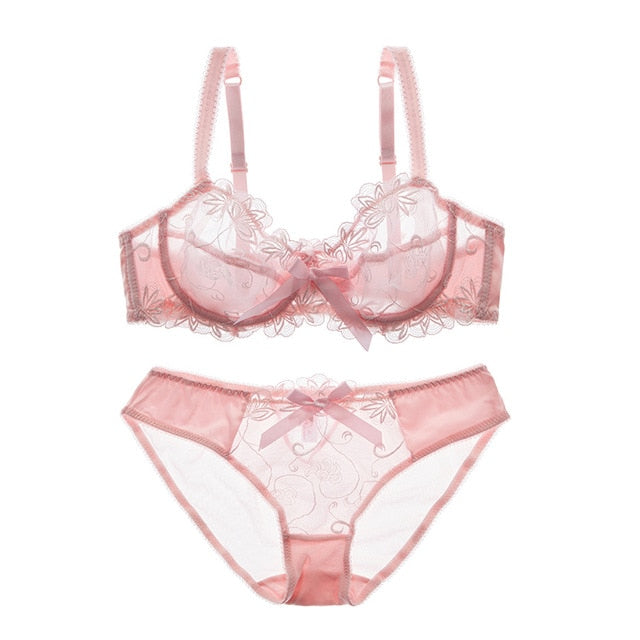 Fashion embroidery bras underwear women set plus size lingerie sexy C D cup Ultrathin transparent bra panties lace bra set The Clothing Company Sydney