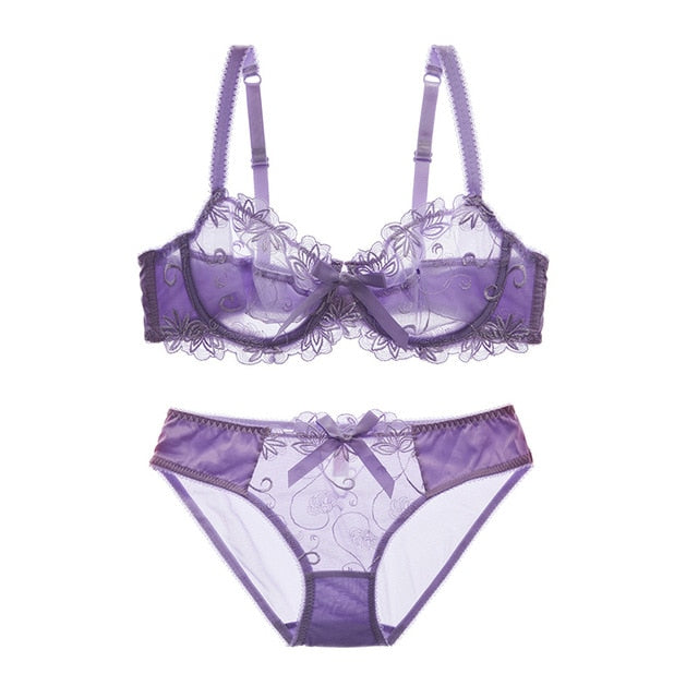Fashion embroidery bras underwear women set plus size lingerie sexy C D cup Ultrathin transparent bra panties lace bra set The Clothing Company Sydney