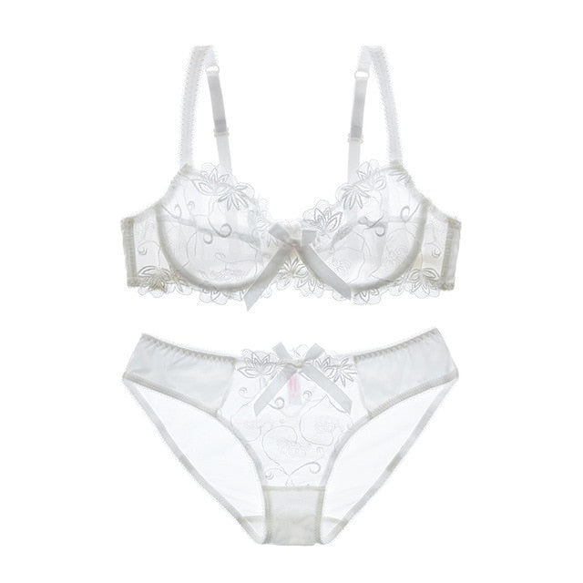 Fashion embroidery bras underwear women set plus size lingerie sexy C D cup Ultrathin transparent bra panties lace bra set The Clothing Company Sydney