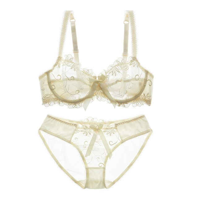 Fashion embroidery bras underwear women set plus size lingerie sexy C D cup Ultrathin transparent bra panties lace bra set The Clothing Company Sydney
