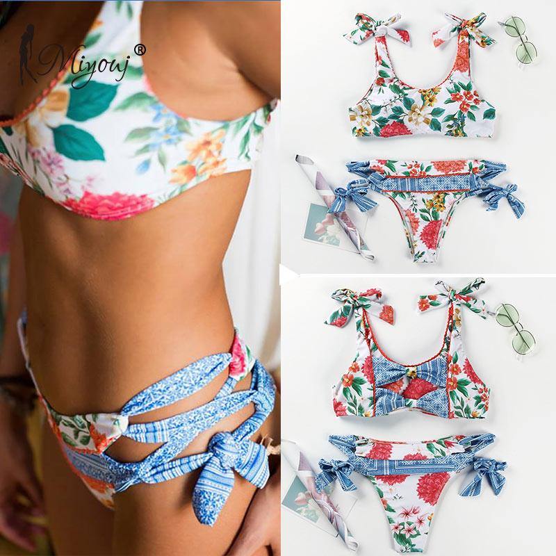 Deep V Neck Bikini Floral Print Swimsuit Bow Swimwear Lace Up Bikini Set The Clothing Company Sydney