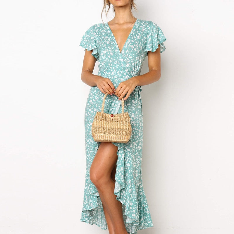 Boho Floral Print Beach Summer Long Sexy High Slit V-Neck Wrap Bodycon Party Maxi Ruffle Robe Split Dress The Clothing Company Sydney