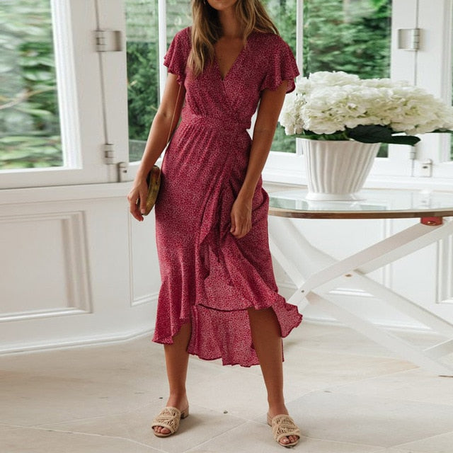 Boho Floral Print Beach Summer Long Sexy High Slit V-Neck Wrap Bodycon Party Maxi Ruffle Robe Split Dress The Clothing Company Sydney