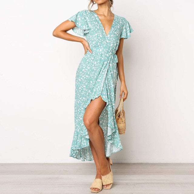Boho Floral Print Beach Summer Long Sexy High Slit V-Neck Wrap Bodycon Party Maxi Ruffle Robe Split Dress The Clothing Company Sydney