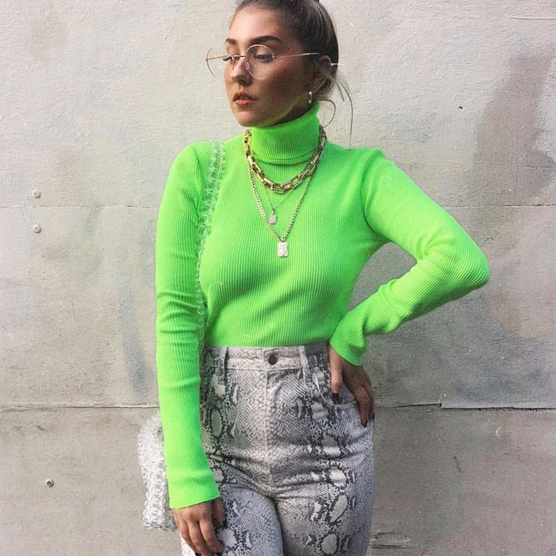 Autumn Winter turtleneck long sleeve neon green t-shirts knitted neon top tee shirt basic Top The Clothing Company Sydney