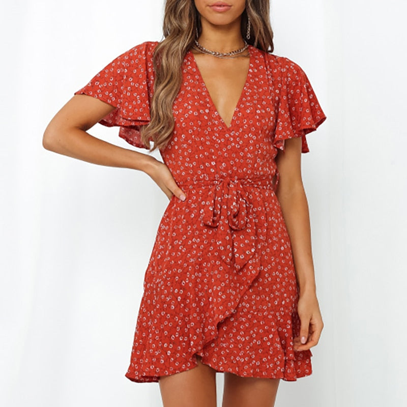 Summer Boho Print Women Sexy V Neck Holiday Beach A Line Short Sleeve Ruffles Bandage Mini Dress The Clothing Company Sydney