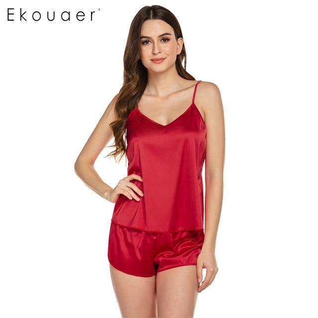 Summer Sleepwear Pyjamas Set Solid Adjustable Strap Cami Top Shorts Satin Loose Female Nightwear The Clothing Company Sydney