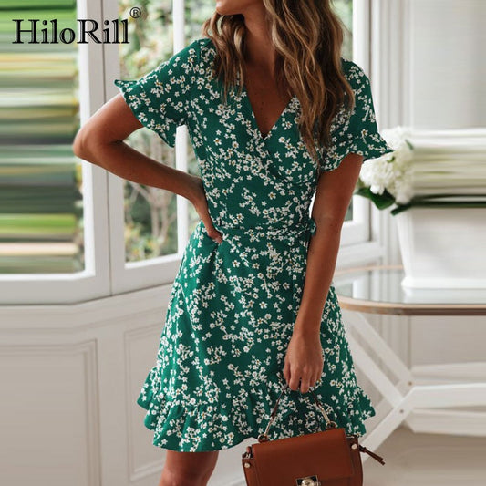 Bohemian Summer Boho Floral Print Casual Beach V-Neck Wrap Bodycon Mini Dress Ruffles Sundress The Clothing Company Sydney