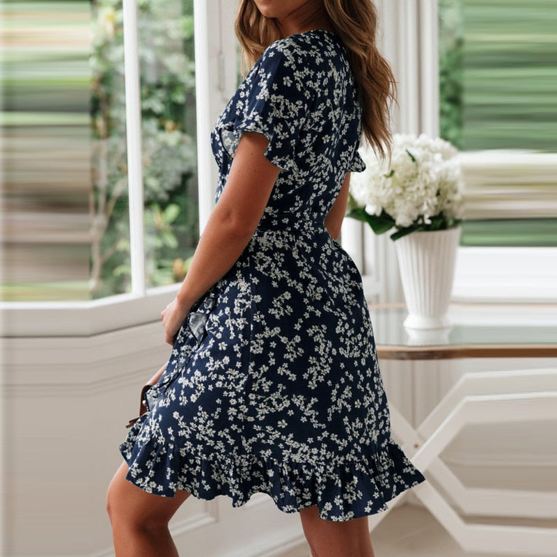 Bohemian Summer Boho Floral Print Casual Beach V-Neck Wrap Bodycon Mini Dress Ruffles Sundress The Clothing Company Sydney