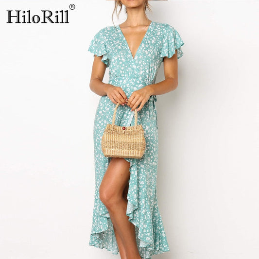 Summer Beach Long Women's Floral Print Boho V-Neck Slit Bodycon Wrap Maxi Party Ruffle Dress The Clothing Company Sydney