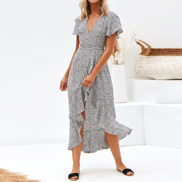 Summer Beach Long Women's Floral Print Boho V-Neck Slit Bodycon Wrap Maxi Party Ruffle Dress The Clothing Company Sydney