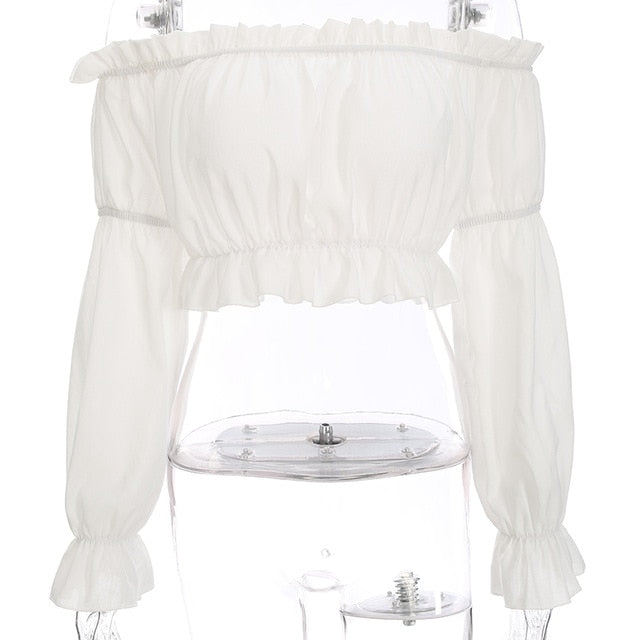Fashion white chiffon blouse shirt off shoulder sexy crop tops ruffles pull sleeve top The Clothing Company Sydney