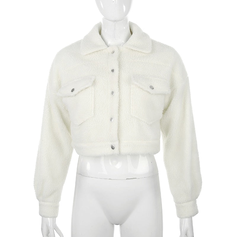 Autumn Winter Coat Women's Fleece Shaggy Warm Cropped Overcoat Single Breasted Outwear Jacket The Clothing Company Sydney