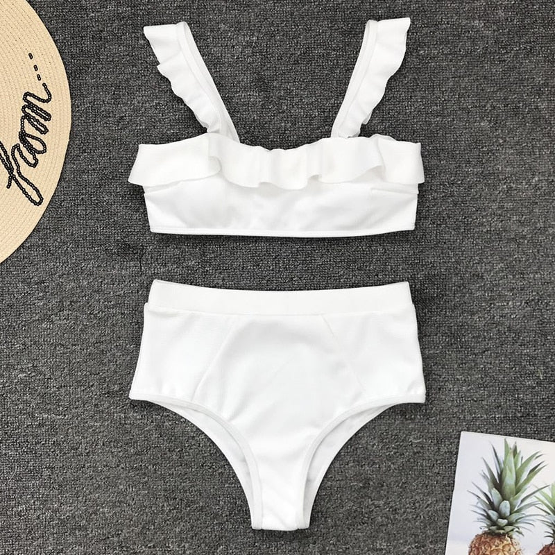 2 Piece Ruffle High Waist Swimwear Women Swimsuit Push Up Bikini Set Solid Bathing Suit Summer Beach Wear Swimming Suit The Clothing Company Sydney