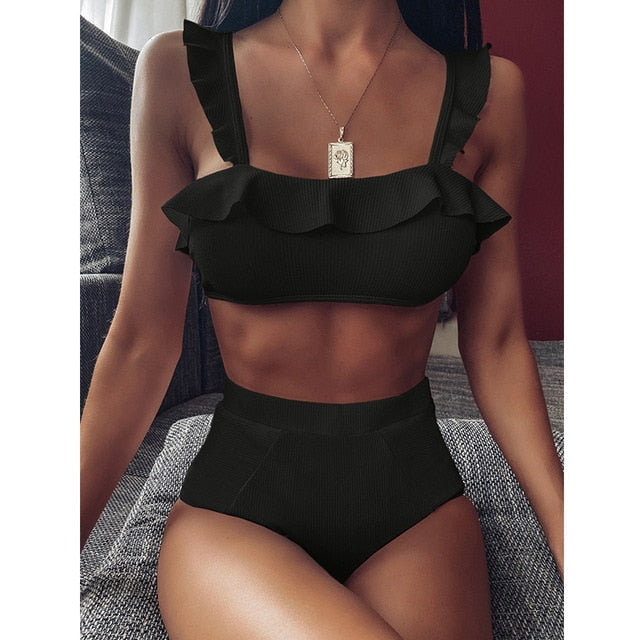 2 Piece Ruffle High Waist Swimwear Women Swimsuit Push Up Bikini Set Solid Bathing Suit Summer Beach Wear Swimming Suit The Clothing Company Sydney