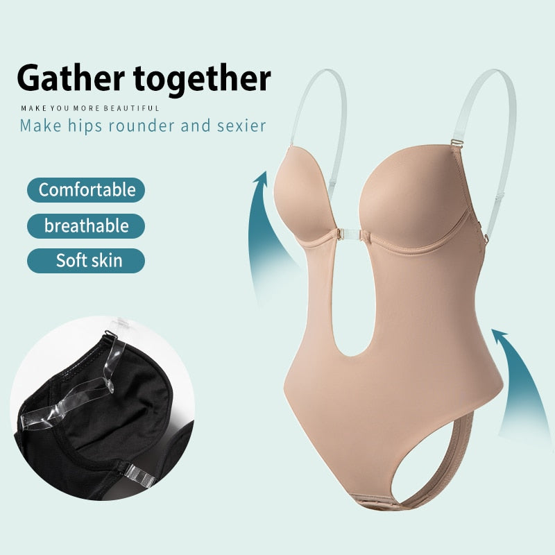 Bodysuit Shapewear Deep V-Neck Body Shaper Backless U Plunge Thong Shapers Waist Trainer Clear Strap Padded Push Up Corset The Clothing Company Sydney