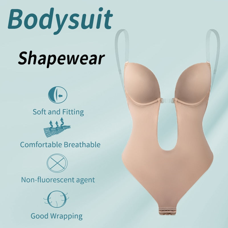 Bodysuit Shapewear Deep V-Neck Body Shaper Backless U Plunge Thong Shapers Waist Trainer Clear Strap Padded Push Up Corset The Clothing Company Sydney