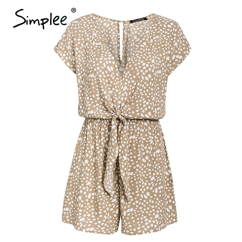 Boho Casual bow tie Short Sleeve Loose v neck leopard print overalls romper Playsuit The Clothing Company Sydney
