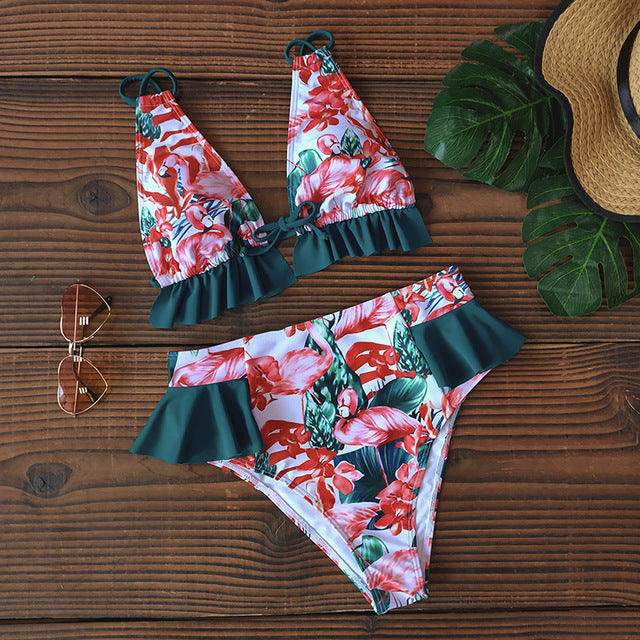 2 Piece Print Sexy Bathing Suit Cute Swimwear Women Swimsuit Ruffle Shoulder Brazilian High Waist Bikini Set The Clothing Company Sydney